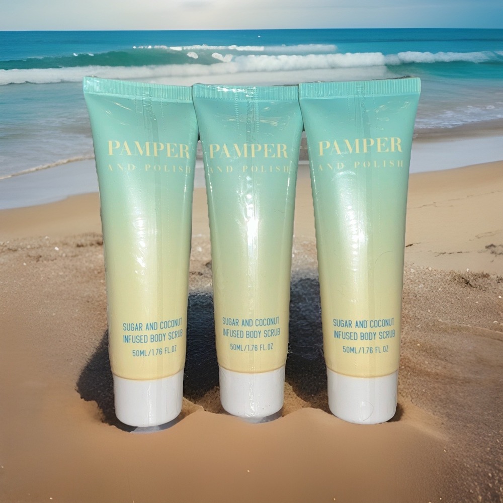 NEW PAMPER + POLISH Sugar and Coconut Infused Body Scrub 1.76 Oz/50ml (LOT OF 3)